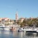 A marina full of ships near trees, people and buildings